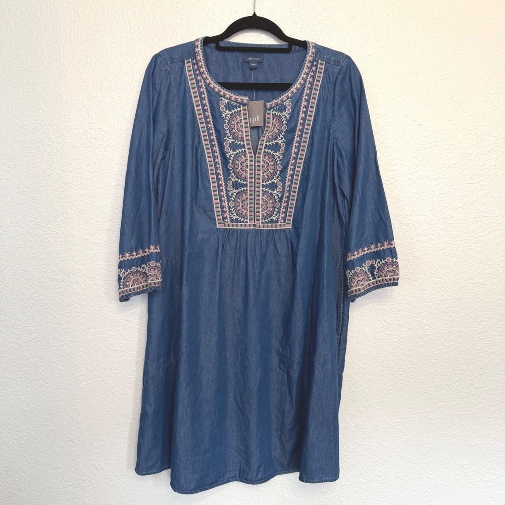 J. Jill Denim Embroidered Shift Dress Blue Medium Wash Boho Womens Size S NEW